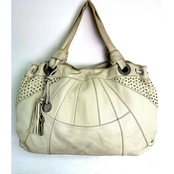 LRG FOSSIL FIFTY FOUR 54 STUD IVORY GENUINE LEATHER HOBO BOHO TOTE SHOULDER BAG - Picture 1 of 10